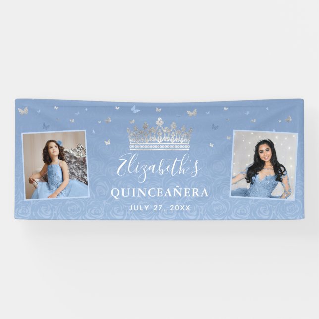 Silver Light Baby Blue Foto Birthday Quinceanera Banner (Horizontal)