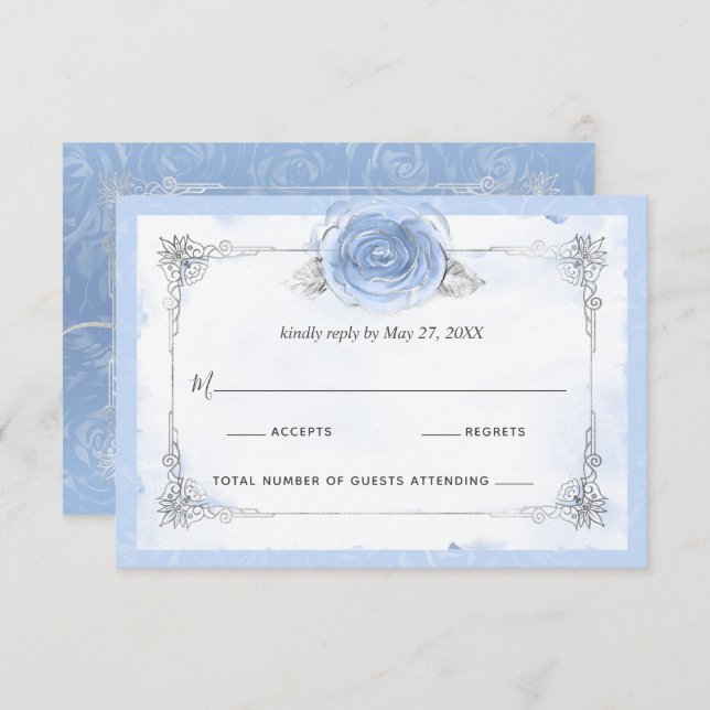 Silver Light Baby Blue Rose Elegant RSVP Karte (Vorne/Hinten)