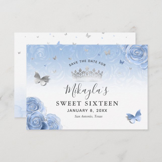 Silver Light Baby Blue Rose Elegant Save The Date (Vorne/Hinten)