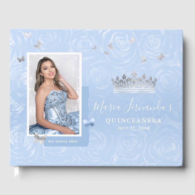 Silver Light Baby Blue Rose Foto Quinceanera Gästebuch (Vorderseite)