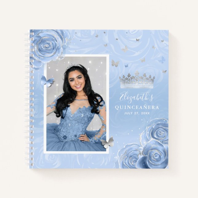Silver Light Baby Blue Rose Quinceanera Guest Notizbuch (Vorderseite)