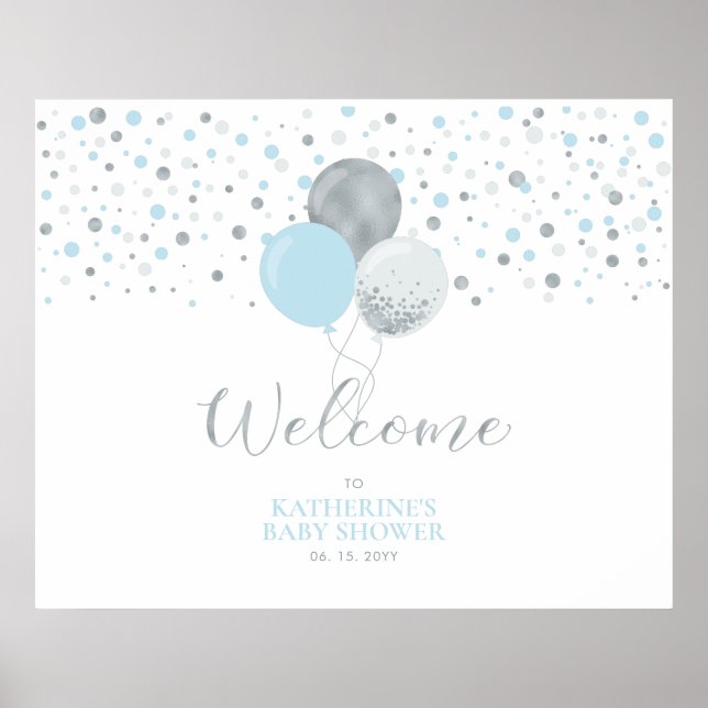 Silver & Light Blue Balloons | Babydusche Begrüßun Poster (Vorne)