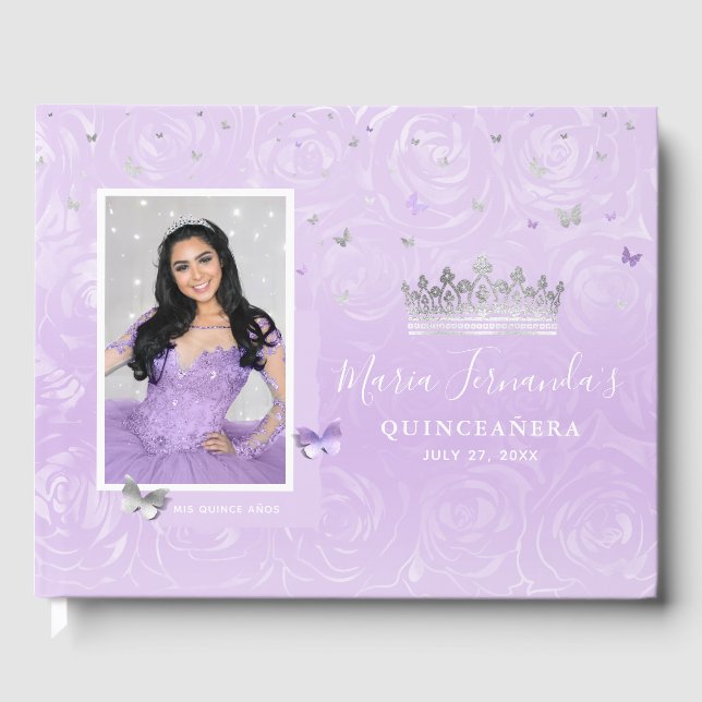Silver Light Lila Rose Elegantes Foto Quinceanera Gästebuch (Vorderseite)