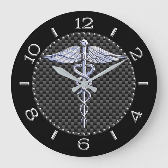Silver like Caduceus Medical Symbol Black Dial Große Wanduhr (Vorderseite)