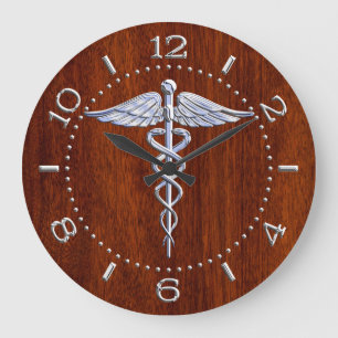 Silver Like Caduceus Medical Symbol Mahogany Dial Große Wanduhr