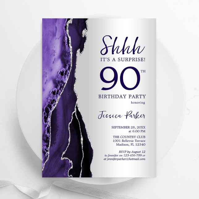 Silver Lila Agate Überraschung 90. Geburtstag Einladung (Von Creator hochgeladen)