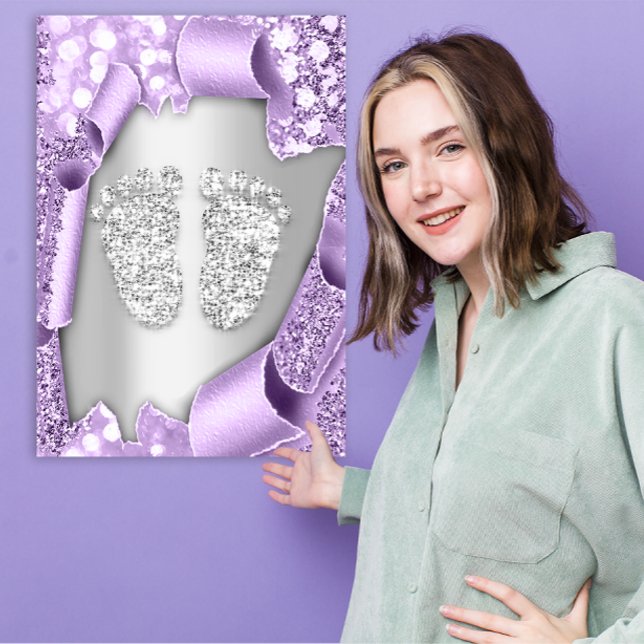 Silver Lila Baby Shower Feet Boy Girl 3d Effekt Einladung (Silver Purple Baby Shower Feet Boy Girl 3d Effect Invitation)