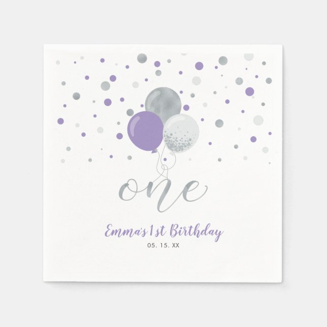 Silver & Lila Balloon Confetti Girl 1. Geburtstag Serviette (Vorderseite)