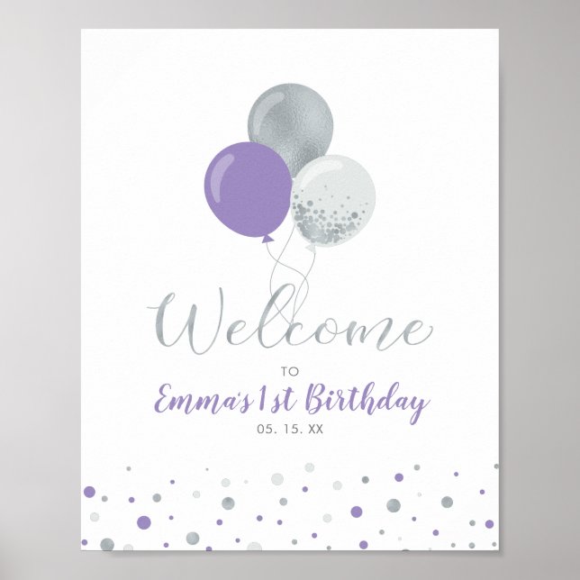 Silver & Lila Balloons Girl 1. Geburtstag Willkomm Poster (Vorne)