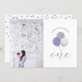 Silver & Lila Balloons | Mädchen 1. Geburtstag Par Einladung