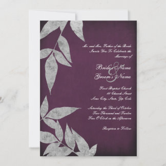 Silver & Lila Blätter Vintage Hochzeit Einladungen