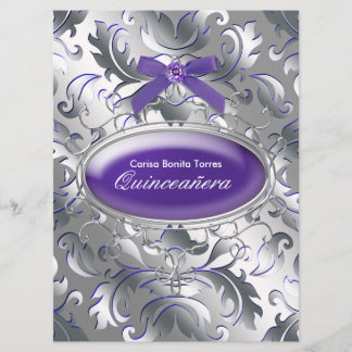 Silver Lila Damask Elegantes Lila Quinceanera Einladung
