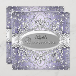 Silver & Lila Damask Pearl Quinceanera Einladung