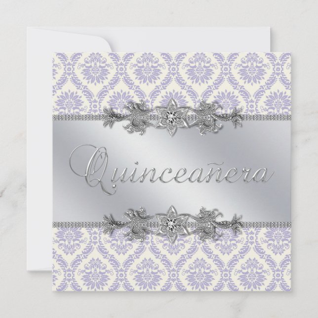 Silver Lila Damask Quinceanera Einladung (Vorderseite)