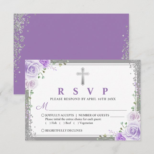 Silver Lila Floral First commune RSVP Card (Vorne/Hinten)