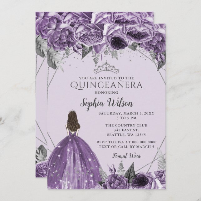 Silver Lila Floral Princess Quinceañera Einladung (Vorne/Hinten)