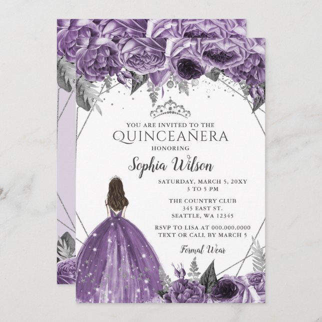 Silver Lila Floral Princess Quinceañera Einladung (Vorne/Hinten)