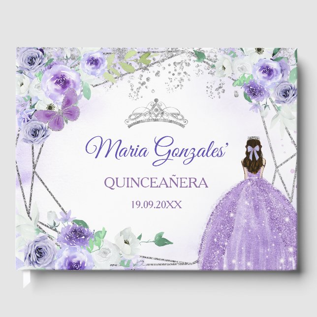 Silver & Lila Floral Quinceñera Gästebuch (Vorderseite)