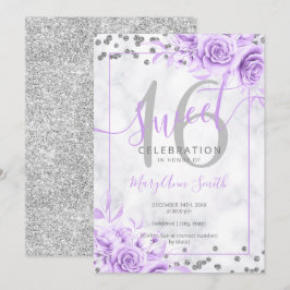Silver Lila Floral Sweet 16 Marmor Glitzer    Einladung