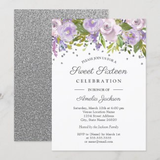 Silver Lila Floral Watercolor 16 . Geburtstag Einladung