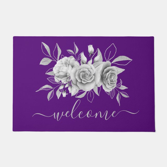 Silver Lila Floral Watercolor "Welcome" Fußmatte (Vorderseite)
