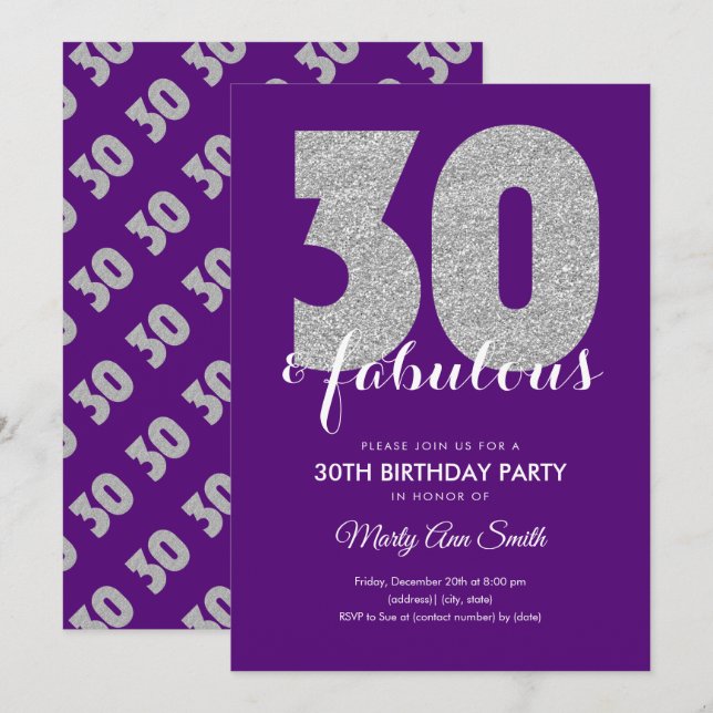 Silver Lila Glitzer 30 & Fabulous Geburtstag Einladung (Vorne/Hinten)