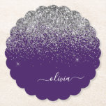 Silver Lila Glitzer Girl Monogram Name Untersetzer<br><div class="desc">Lila und Silver Sparkle Glitzer Script Monogram Name Paper Untersetzer. Dies macht den perfekten Abschluss,  Geburtstag,  Hochzeit,  Brautparty,  Jubiläum,  Babydusche oder Junggeselinnen-Abschied Geschenk für jemanden,  die Lieben glamourösen Luxus und schicke Stile.</div>