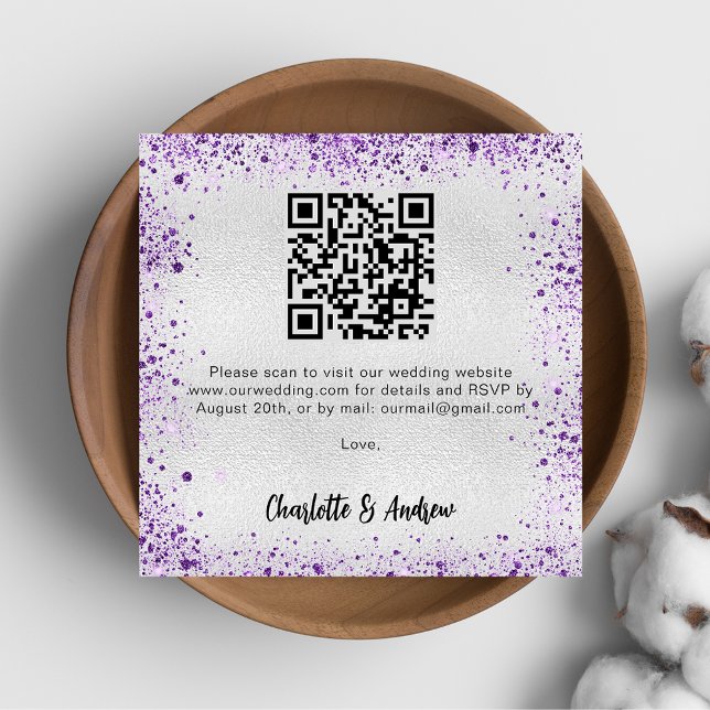 Silver lila Glitzer QR Code Hochzeit RSVP Begleitkarte (Von Creator hochgeladen)