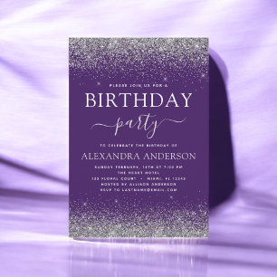 Silver Lila jedes Alter Geburtstag Moderner Glitze Einladung
