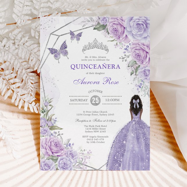 Silver Lila Quinceañera Butterfly Princess Party Einladung (Von Creator hochgeladen)