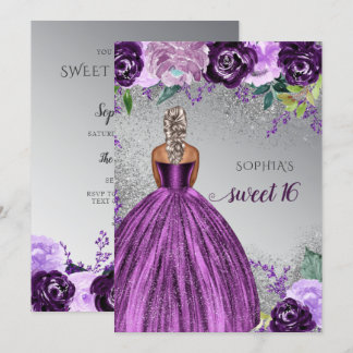 Silver Lila Sparkle Dress Sweet 16 Geburtstag Einladung