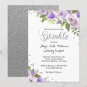 Silver Lila Sparkle Floral Sprinkle Baby Dusche Einladung