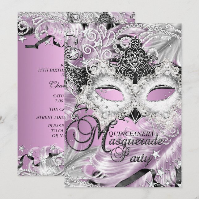 Silver Lilac Sparkle Masquerade Quinceanera Einladung (Vorne/Hinten)