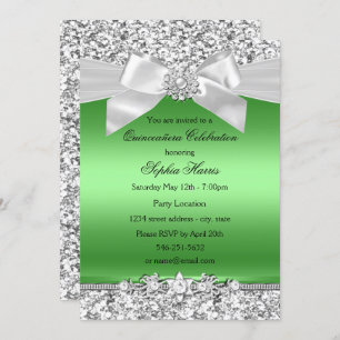 Silver Lime Green Glitzer Jewel Bow Quinceanera Einladung