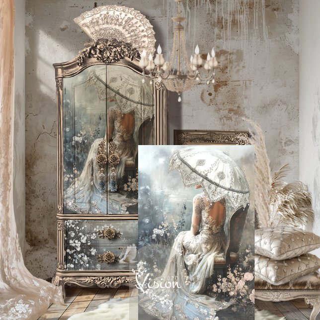 Silver Lining Parisian Fantasy Portrait & Parasol Seidenpapier (Silver Lining, Parisian Fantasy, Portrait Parasol, Silver Greys, White Floral Blossoms Decoupage)