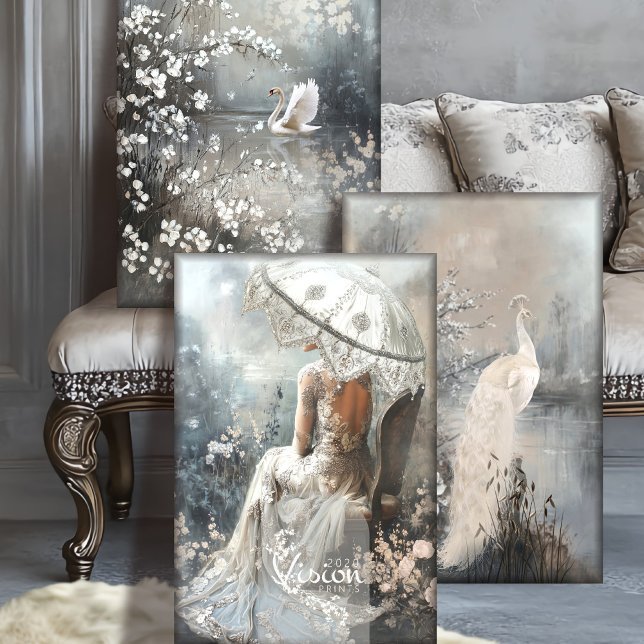 Silver Lining Romantic Heavyweight Decoupage SET Geschenkpapier Set (3 art prints, displayed in front of a luxury Silver blue, entryway background.)