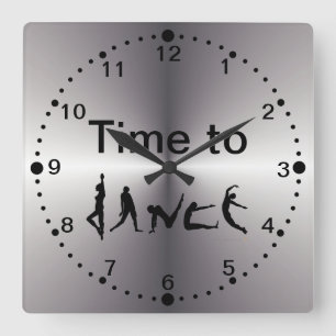 Silver Look Time to Dance Dancers Wall Clock squar Quadratische Wanduhr
