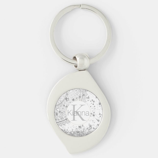 Silver Lotus Mandala Stars Glitzer Monogram Schlüsselanhänger (Vorderseite)