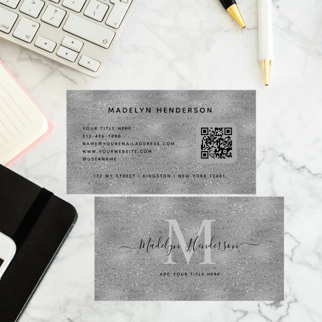 Silver Luxury QR Code Beruflich Monogram Visitenkarte (Von Creator hochgeladen)
