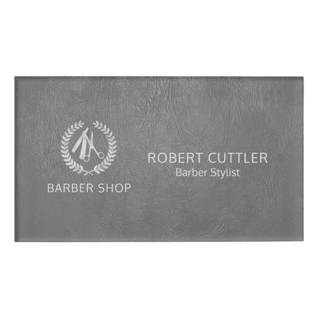 Silver Luxus Barbier Shop dunkelgraues Leder Look Namenschild (Vorderseite)