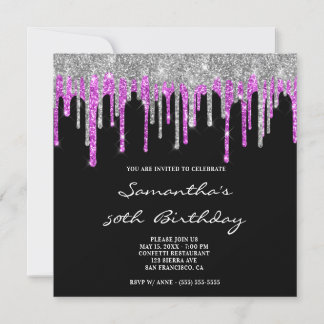 Silver Magenta Glitzer Tropfen Black 50. Geburtsta Einladung