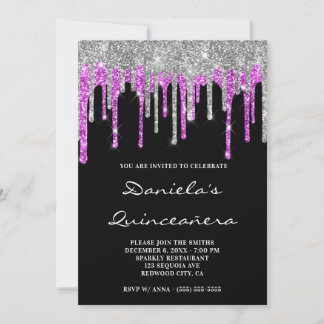 Silver Magenta Glitzer Tropfens Black Quinceañera Einladung