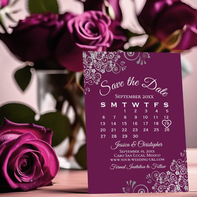 Silver & Magenta Plum Hochzeitskalender Save The Date (Von Creator hochgeladen)