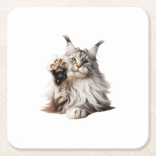 Silver Maine Coon Cat Raising Paw Decorative Coast Rechteckiger Pappuntersetzer