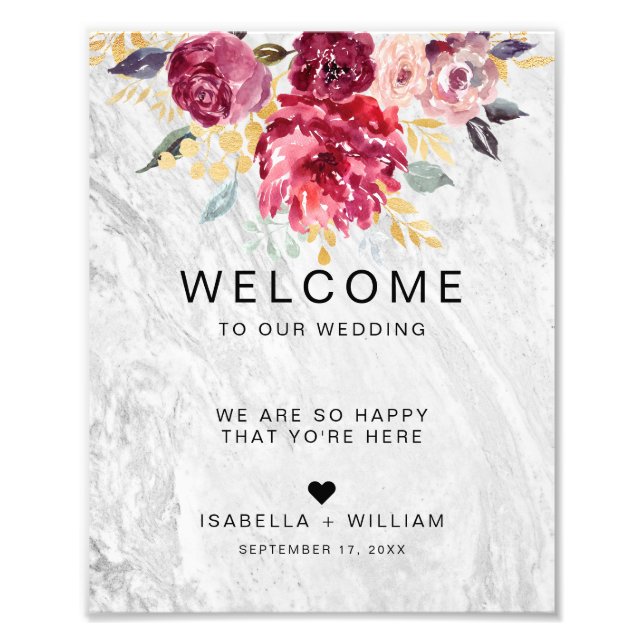 Silver Marble Floral Gold Burgundy Wedding Sign Fotodruck (Vorne)