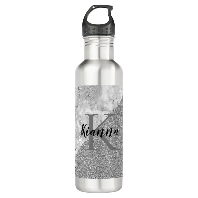 Silver Marble Silver Glitzer Monogram Edelstahlflasche (Vorderseite)