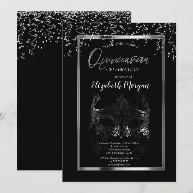 Silver Masque, Rahmen, Confetti Quinceañera Einladung (Vorne/Hinten)