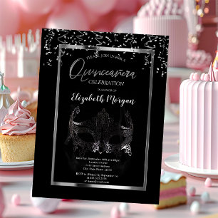 Silver Masque, Rahmen, Confetti Quinceañera Einladung