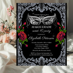 Silver Masque Rote Rosen Gothic Sweet 16 Einladungspostkarte