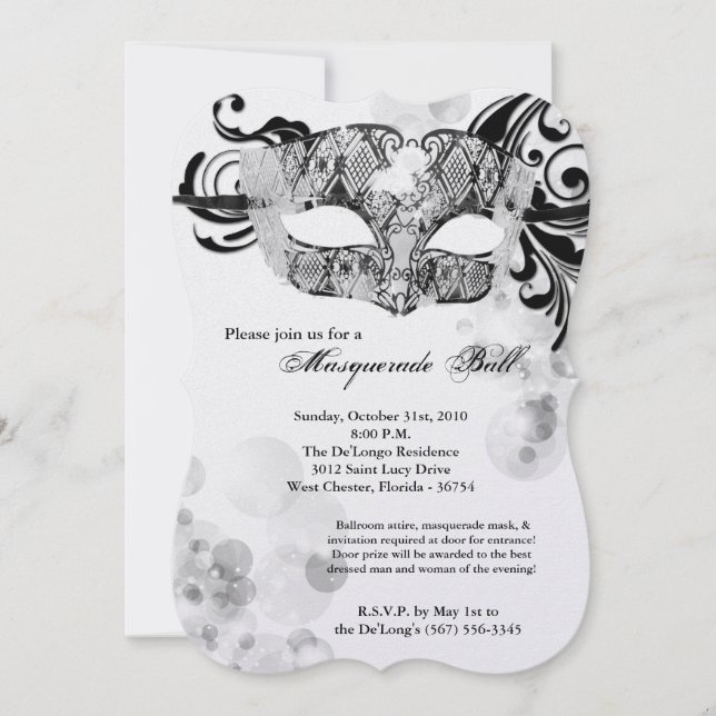 Silver Masquerade Ball Maskenkostüm Halloween Teil Einladung (Vorderseite)